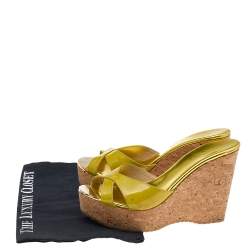 Pre Owned Jimmy Choo Mustard Yellow Patent Leather Pandora Cork Wedge Platform Sandals Size 38