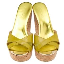 Pre Owned Jimmy Choo Mustard Yellow Patent Leather Pandora Cork Wedge Platform Sandals Size 38