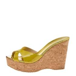Pre Owned Jimmy Choo Mustard Yellow Patent Leather Pandora Cork Wedge Platform Sandals Size 38
