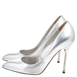 Pre Owned Sergio Rossi Metallic Silver Leather Almond Toe Pumps Size 37.5