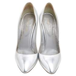 Pre Owned Sergio Rossi Metallic Silver Leather Almond Toe Pumps Size 37.5