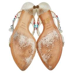 Pre Owned Sergio Rossi Beige Canvas Embellished Slide Sandals Size 39.5