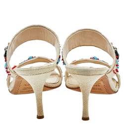 Pre Owned Sergio Rossi Beige Canvas Embellished Slide Sandals Size 39.5
