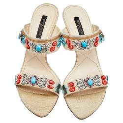 Pre Owned Sergio Rossi Beige Canvas Embellished Slide Sandals Size 39.5