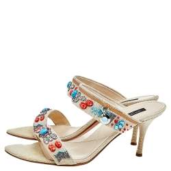 Pre Owned Sergio Rossi Beige Canvas Embellished Slide Sandals Size 39.5