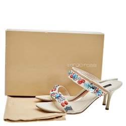 Pre Owned Sergio Rossi Beige Canvas Embellished Slide Sandals Size 39.5