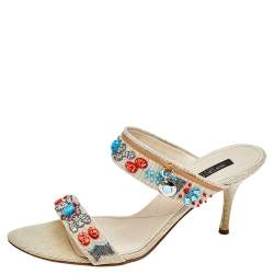 Pre Owned Sergio Rossi Beige Canvas Embellished Slide Sandals Size 39.5