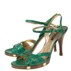 Sergio Rossi Green Croc Embossed Leather Ankle-Strap Sandals Size 41