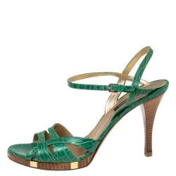 Sergio Rossi Green Croc Embossed Leather Ankle-Strap Sandals Size 41