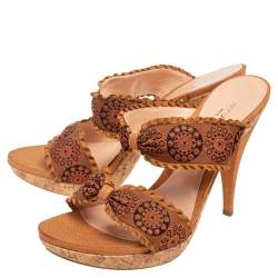 Sergio Rossi Mustard Brown Embroidered Fabric Double Bow Strap Slide Sandals Size 41