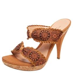 Sergio Rossi Mustard Brown Embroidered Fabric Double Bow Strap Slide Sandals Size 41