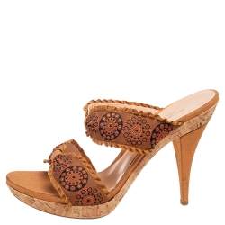 Sergio Rossi Mustard Brown Embroidered Fabric Double Bow Strap Slide Sandals Size 41