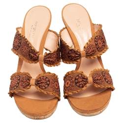 Sergio Rossi Mustard Brown Embroidered Fabric Double Bow Strap Slide Sandals Size 41