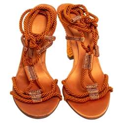Pre Owned Sergio Rossi Rust Satin Rope Ankle-Wrap Sandals Size 41