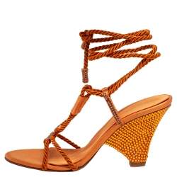 Pre Owned Sergio Rossi Rust Satin Rope Ankle-Wrap Sandals Size 41