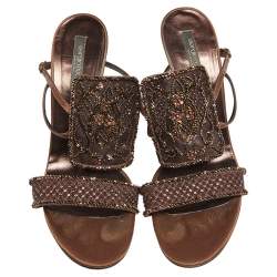 Sergio Rossi Brown Satin Embellished Ankle Strap Sandals Size 42