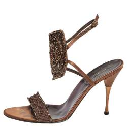 Sergio Rossi Brown Satin Embellished Ankle Strap Sandals Size 42