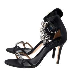 Sergio Rossi Black Satin Embellished Ankle Strap Sandals Size 38.5