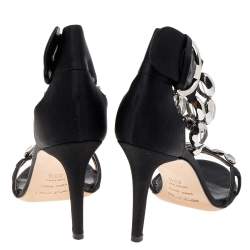 Sergio Rossi Black Satin Embellished Ankle Strap Sandals Size 38.5