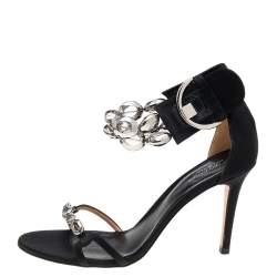 Sergio Rossi Black Satin Embellished Ankle Strap Sandals Size 38.5