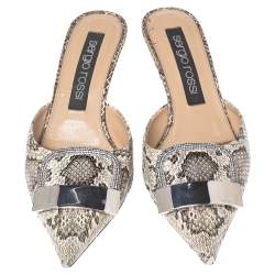 Pre Owned Sergio Rossi Beige/Brown Python Leather SR1 Mules Size 39.5