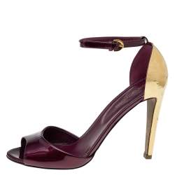 Sergio Rossi Burgundy Patent Leather Metal Heel Ankle Strap Sandals Size 39