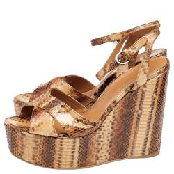 Sergio Rossi Brown Snakeskin Platform Wedge Sandals Size 39
