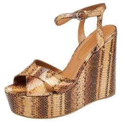 Sergio Rossi Brown Snakeskin Platform Wedge Sandals Size 39