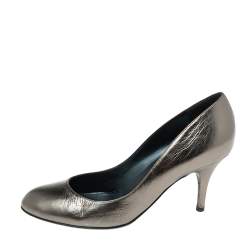 Pre Owned Sergio Rossi Metallic Grey Patent Leather Round-Toe Pumps Size 37.5