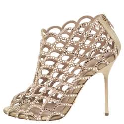 Sergio Rossi Beige Crystal Embellished Scalloped Suede Peep Toe Caged Booties Size 39