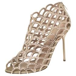 Sergio Rossi Beige Crystal Embellished Scalloped Suede Peep Toe Caged Booties Size 39