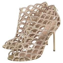 Sergio Rossi Beige Crystal Embellished Scalloped Suede Peep Toe Caged Booties Size 39