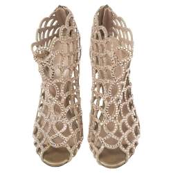 Sergio Rossi Beige Crystal Embellished Scalloped Suede Peep Toe Caged Booties Size 39