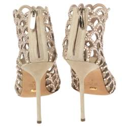 Sergio Rossi Beige Crystal Embellished Scalloped Suede Peep Toe Caged Booties Size 39