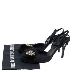 Sergio Rossi Black Fur And Satin Crystal Embellished Pointed Toe Ankle Strap Sandals Size 36