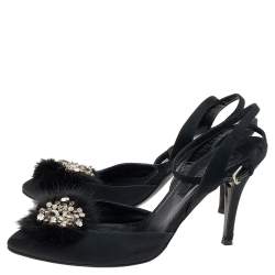 Sergio Rossi Black Fur And Satin Crystal Embellished Pointed Toe Ankle Strap Sandals Size 36
