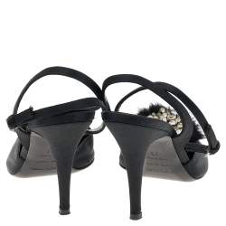 Sergio Rossi Black Fur And Satin Crystal Embellished Pointed Toe Ankle Strap Sandals Size 36