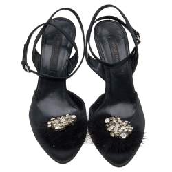 Sergio Rossi Black Fur And Satin Crystal Embellished Pointed Toe Ankle Strap Sandals Size 36