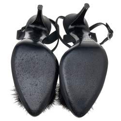 Sergio Rossi Black Fur And Satin Crystal Embellished Pointed Toe Ankle Strap Sandals Size 36