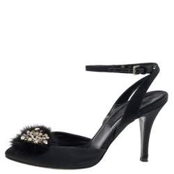 Sergio Rossi Black Fur And Satin Crystal Embellished Pointed Toe Ankle Strap Sandals Size 36