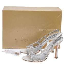 Pre Owned Sergio Rossi Silver Satin Crystal Embellished Slingback Sandals Size 36.5