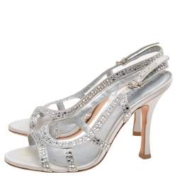 Pre Owned Sergio Rossi Silver Satin Crystal Embellished Slingback Sandals Size 36.5