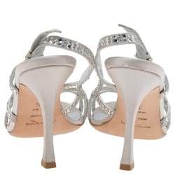 Pre Owned Sergio Rossi Silver Satin Crystal Embellished Slingback Sandals Size 36.5