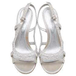 Pre Owned Sergio Rossi Silver Satin Crystal Embellished Slingback Sandals Size 36.5