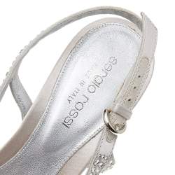 Pre Owned Sergio Rossi Silver Satin Crystal Embellished Slingback Sandals Size 36.5