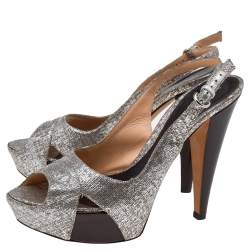 Sergio Rossi Silver Textured Leather Platform Slingback Sandals Size 40