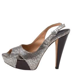 Sergio Rossi Silver Textured Leather Platform Slingback Sandals Size 40