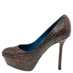 مملوكة مسبقًا حذاء كعب عالي سيرجيو روسي جلد نقشة التمساح بني نعل سميك مقاس 35