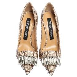 مملوكة مسبقًا Sergio Rossi Beige/Brown Python Embossed Leather Crystal Embellished Pumps Size 38.5