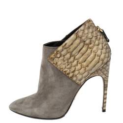 Sergio Rossi Light Olive Green Suede and Python Leather Ankle Booties Size 39